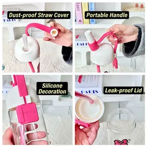 Clear glass water bottle with pink silicone carry handle and leak-proof lid features