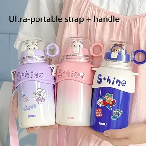 Gourde isotherme en inox pour enfants avec paille, motif dessin animé et bandoulière