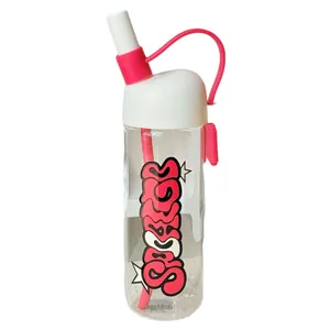 Fashionable high borosilicate glass water bottle with pink graffiti and portable handle strap