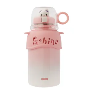 Thermos pour enfants en acier inoxydable rose avec lapin et couvercle à double usage