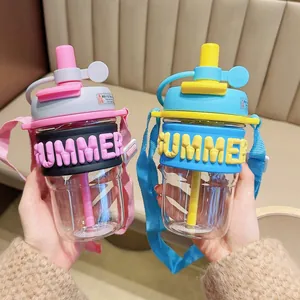 Trendy Portable Plastic Water Cup With Straw And Adjustable Strap High Appearance Fashion Dual Drinking Bottle For Outdoor Students Travel