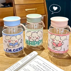 Cute Puppy Pattern Plastic Water Cup With Portable Leather Sleeve Heat Resistant Direct Drinking Tea Infuser Bottle For Women