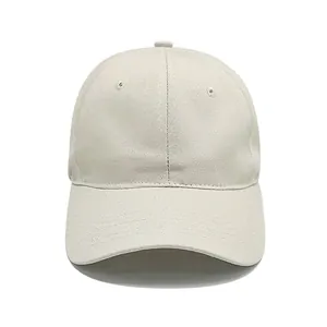 Close-up front view of a minimalist plain beige soft-top breathable cotton baseball cap