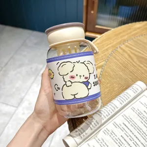 Close-up of a portable cute dog pattern water bottle with protective leather sleeve