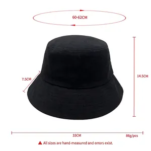 Black pure cotton bucket hat with measurement details for head circumference and brim