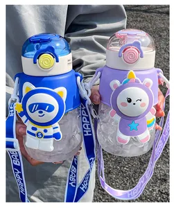 Detailed view of children's straw water bottles featuring astronaut and unicorn silicone sleeves