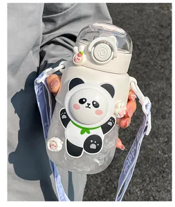 Detail of cute panda-themed children water bottle with a convenient straw lid and strap
