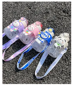 Four colorful children's water bottles with animal character designs and portable straps