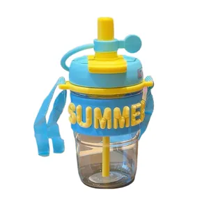 Portable blue and yellow plastic water bottle with straw, shoulder strap, and SUMMER text