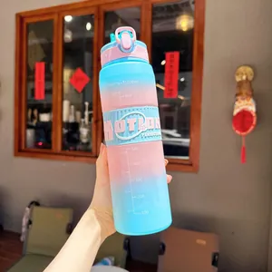 Nahaufnahme einer 1000-ml-Sportwasserflasche in Blau-Rosa-Verlauf in der Hand