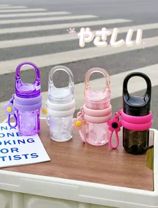 Set of four colorful portable water bottles with cute flower charms and ergonomic handles