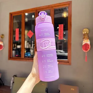 Detailansicht der lila Wasserflasche mit Zeitmarkierungen und motivierendem Text.