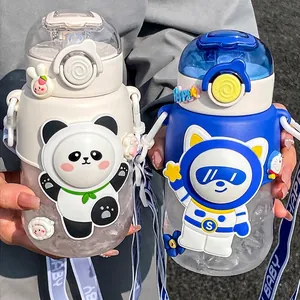 Cute Cartoon Panda Unicorn Childrens Plastic Water Bottle With Straw And Portable Strap Leakproof Heat Resistant Cup For Kids