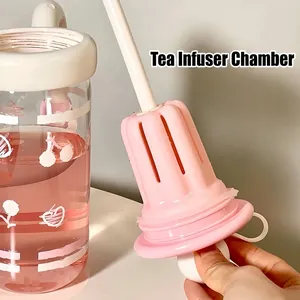 High-capacity glass tea infuser bottle with pink separator and cherry patterns