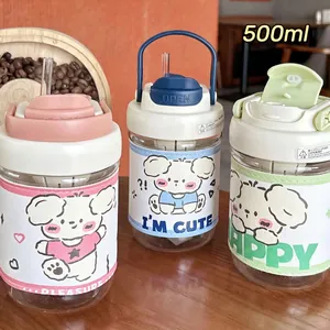 Mignonne Bouteille d'Eau en Plastique Double Boisson Dessin Animé Avec Étui en Cuir Gobelet Portable Paille Pour Filles Étudiants