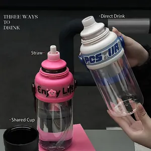 Große Kunststoff-Trinkflasche mit 3 Trinkmodi und Strohhalm