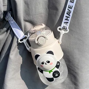 Cute panda kids water bottle with straw and adjustable crossbody strap for school