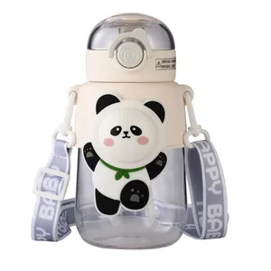 Cute panda themed children water bottle with straw and portable carry strap for school