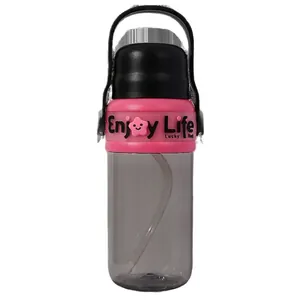 Tragbare Plastikwasserflasche mit Strohhalm, rosa Hülle und robustem Tragegriff