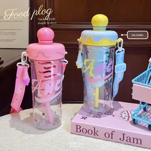 Ice Cream Creative Straw Cup PC Plastic Water Bottle With Adjustable Crossbody Strap Tea Filter For Student Outdoor Travel Korean Style High Aesthetic Bottle