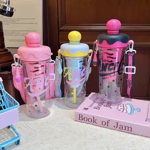 Creative ice cream themed straw water bottles with adjustable straps for kids and students