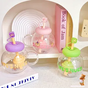 Cute Chubby Glass Water Cup With Handle High Borosilicate Heat Resistant Drinking Mug With Straw And Tea Filter Cartoon Bear Print Glass Cup For Office Home Girls Gift