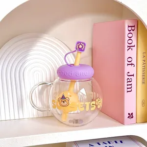 Chubby aesthetic glass straw cup with infuser and cute bear print detail in purple