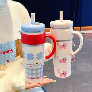 Edelstahl Isolierbecher Mit Griff Und Strohhalm Große Kapazität Süße Cartoon Katze Druck Vakuumflasche Für Zuhause Büro