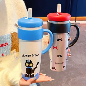 Edelstahl-Isolierbecher mit Griff und Strohhalm mit süßen Katzen- und Schleifen-Designs