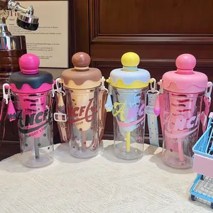 Four creative ice cream themed plastic straw cups featuring adjustable shoulder straps