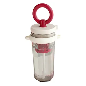 Portable transparent water bottle with straw, red ring handle and tea filter