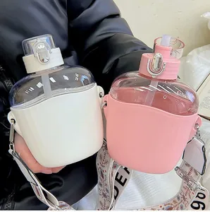 Nordic Style Portable Plastic Water Bottle With Straw Flip Cap Heat Insulation Sleeve Adjustable Strap Large Capacity Leakproof Sports Kettle