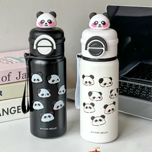 Isolierte 316 Edelstahl Vakuumflasche Mit 3D Panda Deckel Und Strohhalm Tragbare Wasserflasche Für Studenten Schule Outdoor