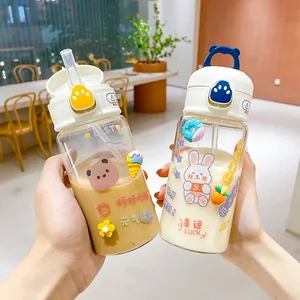 Cartoon High Borosilicate Glass Straw Cup With Flip Top Lid Cat Claw Button Heat Resistant Water Bottle For Student Girl