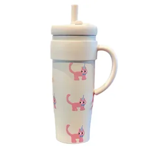 Weißer Edelstahl-Becher mit Griff, Strohhalm und süßem rosa Katzenmuster-Aufdruck