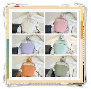 Collection of minimalist Nordic style water bottles in six pastel colors with sleeves