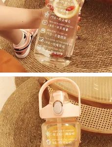 Close-up detail of a large capacity plastic water bottle featuring time markers and straw