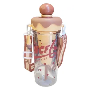 Creative ice cream themed straw water bottle with adjustable shoulder strap and filter