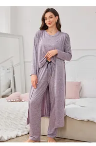 Detailed view of women's 3-piece heathered purple loungewear set with cardigan and pants