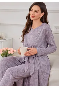 Chic purple heathered three-piece loungewear set featuring V-neck robe and long pants.