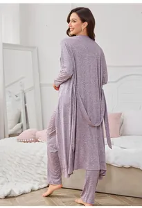 Rear view of purple three-piece loungewear set with soft robe and matching pants
