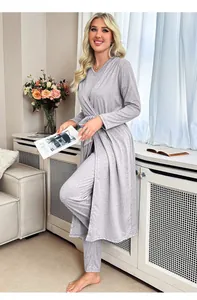 Full body view of women's elegant grey three-piece French style loungewear set with robe