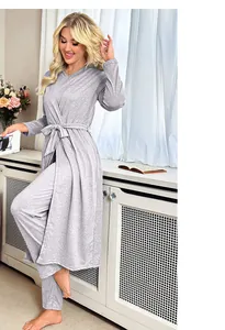Elegant grey three-piece loungewear set featuring a belted robe and long pants for women