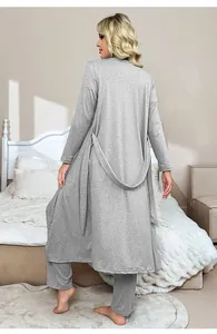 Back view of a plus size grey 3-piece loungewear set featuring a long robe and pants.