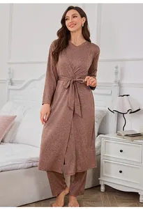 Elegant brown V-neck lounge set for women shown in a cozy and modern bedroom setting