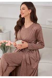 Woman in comfortable brown three-piece loungewear set with V-neck top and long robe