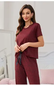Elegant wine red heathered pajama set featuring a V-neck short sleeve top and ribbon tie pants
