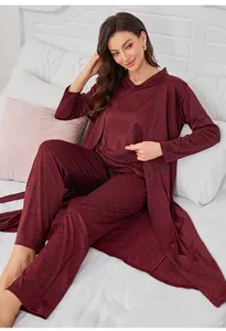 Elegant 3-piece burgundy home wear set with V-neck top, robe and long pants