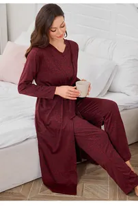 Detail view of 3-piece burgundy loungewear set with heathered texture and soft V-neck robe