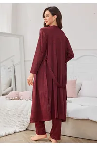Back view of a women's 3-piece loungewear set with a long cardigan in maroon marl pattern